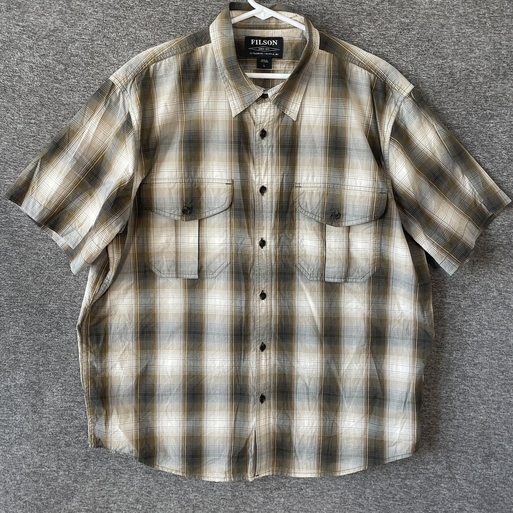 Filson Shirt Mens Large Beige Brown Plaid Short Sleeve Button Up Cotton Outdoor